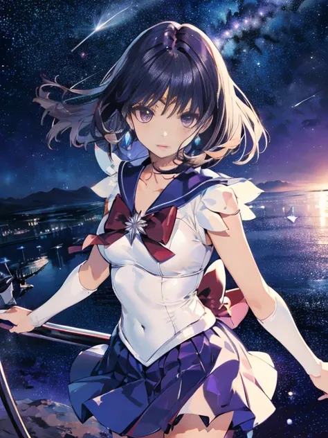 Sailor Saturn, purple Sailor collar, Sailor collar, Sailor Warrior Uniform, Gold tiara on forehead, Tomoe Hotaru, space, silence_sword,, (masterpiece:1.2), (Highest_quality:1.2), (Ultra_detailed:1.3), 8k, very_clear,