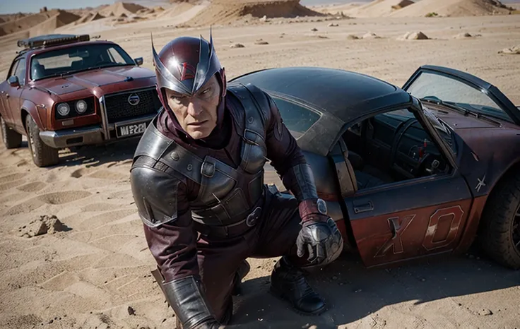 Magneto with his classic X Man outfit and helmet in realistic Madmax, well detailed in 8k