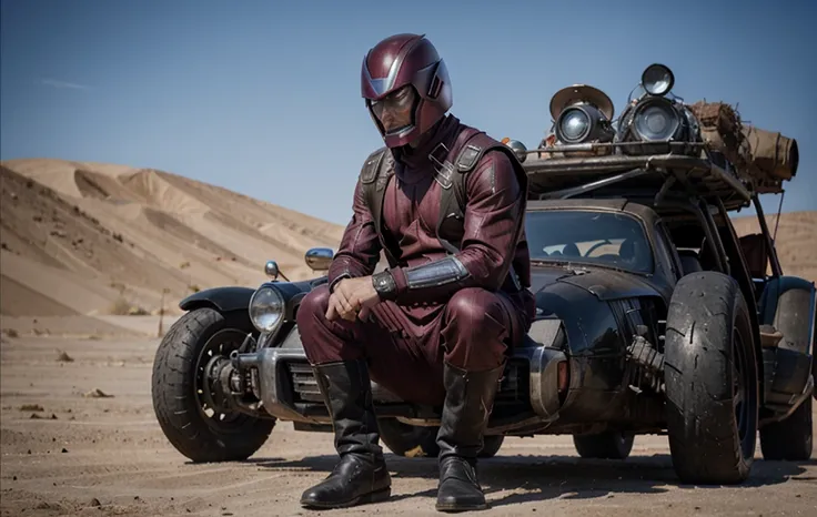 Magneto with his classic X Man outfit and helmet in realistic Madmax, well detailed in 8k