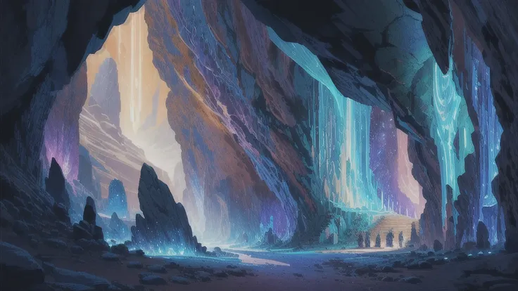 (best quality,4k,8k,highres,masterpiece:1.2),ultra-detailed,glowing luminescent crystal caves,geometric viking carved stone door,mythological dwarves,anime art style,detailed mineral tunnels,dramatic lighting,intricate patterns,vibrant colors,fantasy lands...