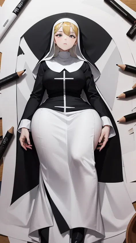 lineart, monochrome, a drawing of a nun with her hands folded in prayer, clean anime outlines, perfect lineart, clean lineart, extremely fine ink lineart, nun outfit, simple lineart, beautiful line art, anime style drawing, thick black lineart, black and w...