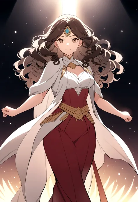 An anime drawing with great quality, a woman with curly hair, indigenous accessories, lots of charisma, Joy and determination. A woman who fights for justice and her rights. With elegant and formal attire