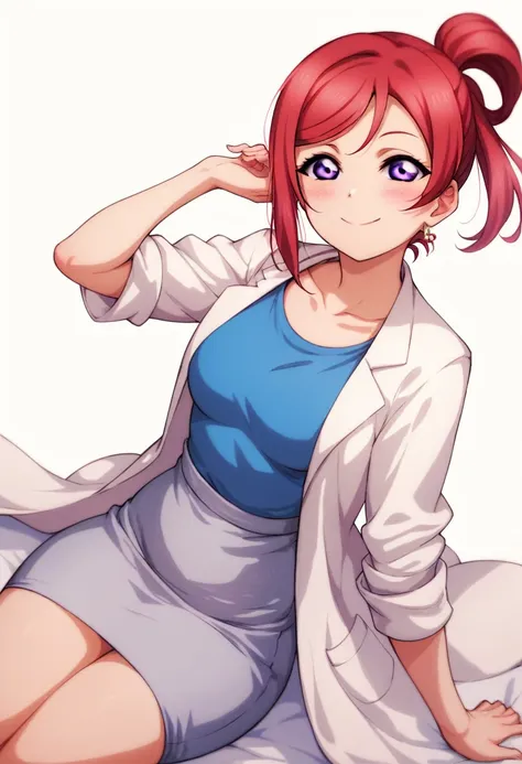 maki nishikino,love live,highres,red hair , purple eyes,blush ,collarbone ,doctor , smile,infirmary ,lab coat ,pencil skirt , wh...