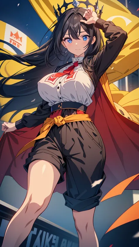 best quality, extremely detailed, anime style adult 1girl, long hair down to the waist, straight hair, ((dark black hair with bluish)),crown braid,beautiful detailed eyes, pinched eyes, dark blue eyes, huge breasts,curvy,(((racequeen clothing))),((short tr...