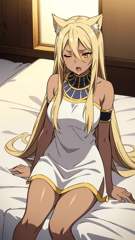 (1girl ,solo,20s,mature female),blonde hair,long hair,cat ears,yellow eyes,(((dark skin))),(Egypt),white oufit,bare shoulders,looking at view,sitting on bed, one eye closed, open mouth, yawning, sleepy, squeans
