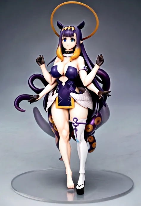 inapriestess, strapless dress, single thighhigh, single detached sleeve, black gloves, low wings, halo, detailed octopus tentacles, mole under eye, extreme muscular body, big breasts, 4 arms, full body.