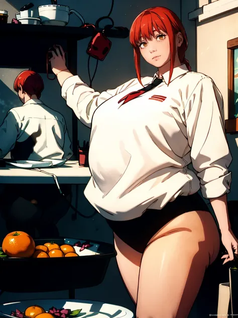 Le personnage Makima de la série animée Chainsaw Man, fragile, obésité morbide, ssbbw, pleine longueur (corps entier 1.1.), fond sombre, obscurité, anatomie correcte 1.1, anatomie correcte de la main, Très féminin, corps gras et rond, grosses Jambes, fesse...