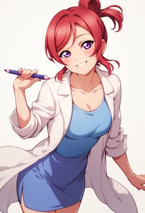 Maki nishikino,love live,highres,red hair , purple eyes,blush ,collarbone ,doctor , smile,infirmary ,lab coat ,pencil skirt , white background , standing 