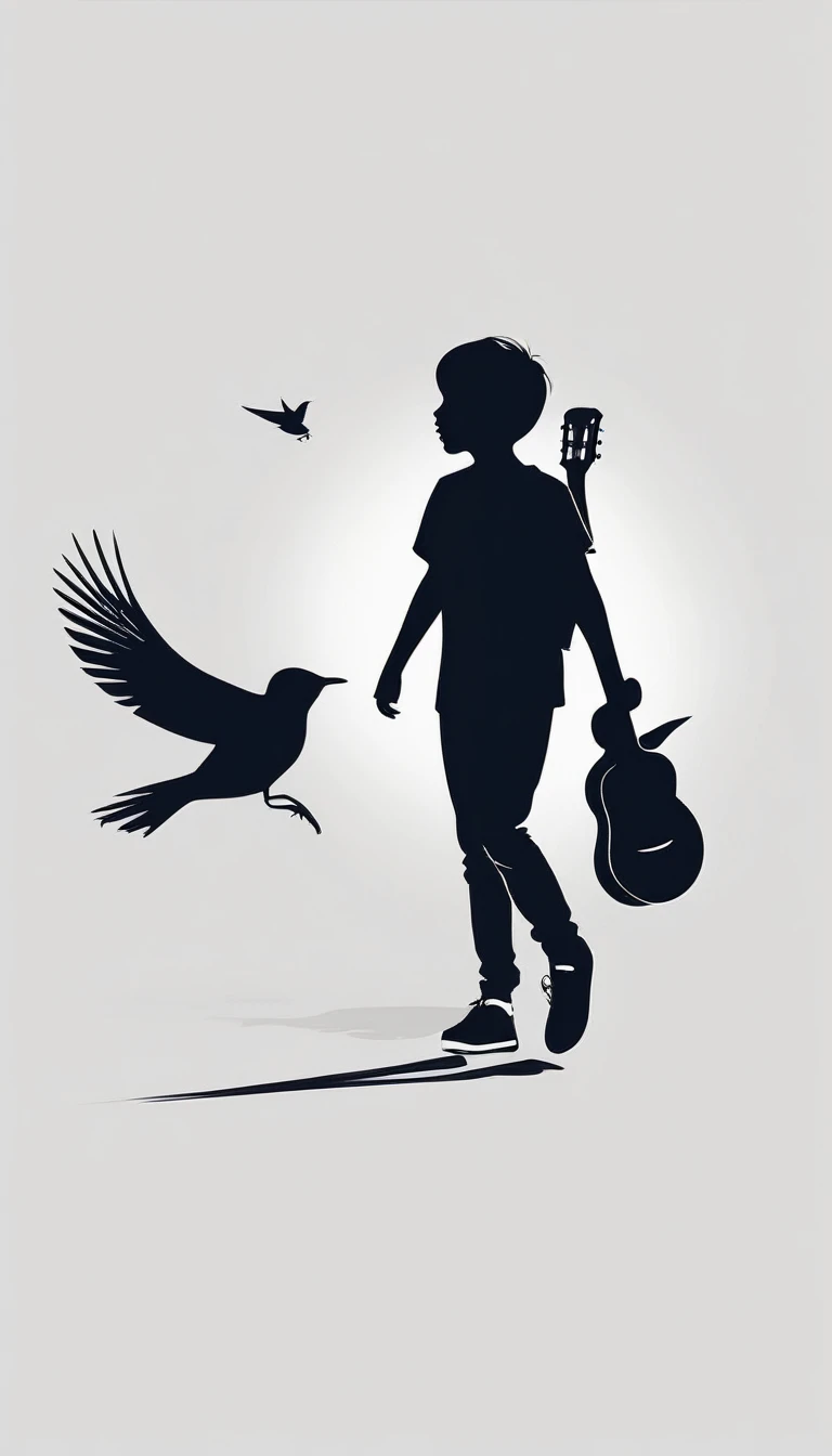 Create a modern, minimalistic logo design for a brand about music and movies. The logo must be in minimalistic style and convey a sense of storytelling. The logo is the silhouette of a boy and a bird. The boy is running with open arms, holding an acoustic ...