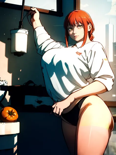 Le personnage Makima de la série animée Chainsaw Man, fragile, obésité morbide, ssbbw, pleine longueur (corps entier 1.1.), fond sombre, obscurité, anatomie correcte 1.1, anatomie correcte de la main, Très féminin, corps gras et rond, grosses Jambes, fesse...