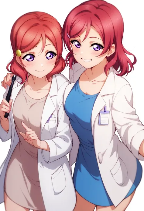 Maki nishikino,love live,highres,red hair , purple eyes,blush ,collarbone ,doctor , smile,infirmary ,lab coat , skirt , white background , standing 