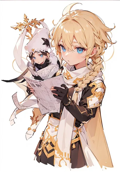 Man, blond hair, long braided hair, black clothes, white scarf, holding a map

, floating, white hair