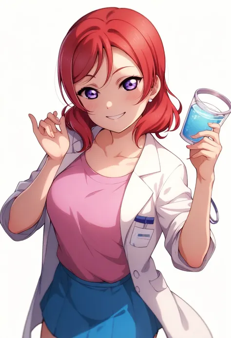 maki nishikino,love live,highres,red hair ,dolo, purple eyes,blush ,collarbone ,doctor , smile,infirmary ,lab coat , shirt,skirt...