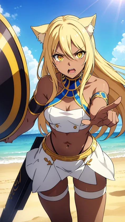 (1girl ,solo,20s,mature female),blonde hair,long hair,cat ears,yellow eyes,(((dark skin))),(Egypt, blue sky, sun),white egypt oufit,bare shoulders,looking at view,angry,open mouth, battle, battle pose, holding a shield