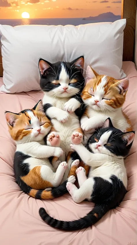 with the sunset in the background,(masterpiece:1.2, high quality), five calico kittens sleeping together in bed、