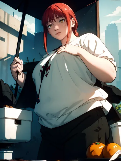 Le personnage Makima de la série animée Chainsaw Man, fragile, obésité morbide, ssbbw, pleine longueur (corps entier 1.1.), fond sombre, obscurité, anatomie correcte 1.1, anatomie correcte de la main, Très féminin, corps gras et rond, grosses Jambes, fesse...