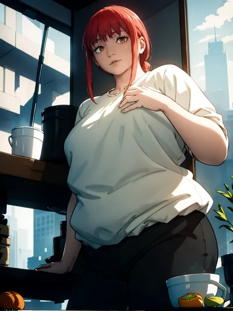 Le personnage Makima de la série animée Chainsaw Man, fragile, obésité morbide, ssbbw, pleine longueur (corps entier 1.1.), fond sombre, obscurité, anatomie correcte 1.1, anatomie correcte de la main, Très féminin, corps gras et rond, grosses Jambes, fesse...