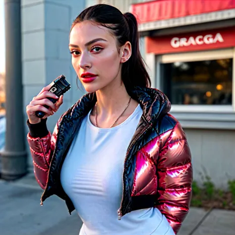 Creates a hyper realis image of a ((full body woman)) with perfect facial features, combed details in high definition, with nice expression, wearing ((Balenciaga puffer oversized style jacket:1.3 detailed red)) (((vivid color metallic reflective)), (playin...