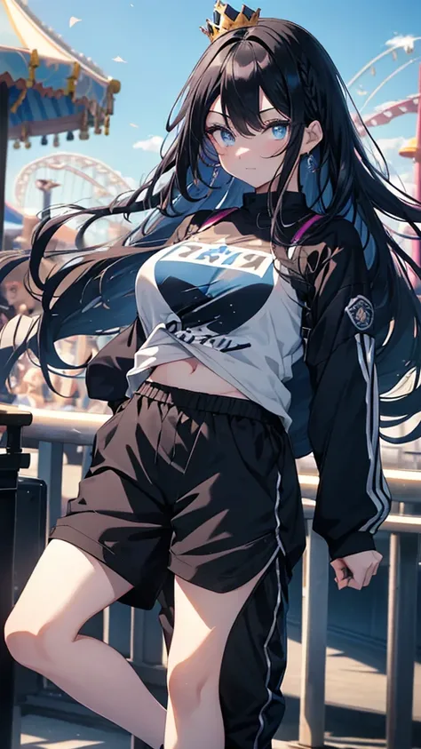 best quality, extremely detailed, anime style adult 1girl, long hair down to the waist, straight hair, ((dark black hair with bluish)),crown braid,beautiful detailed eyes, pinched eyes, dark blue eyes, huge breasts,curvy,(((Active clothing))),((((short tro...