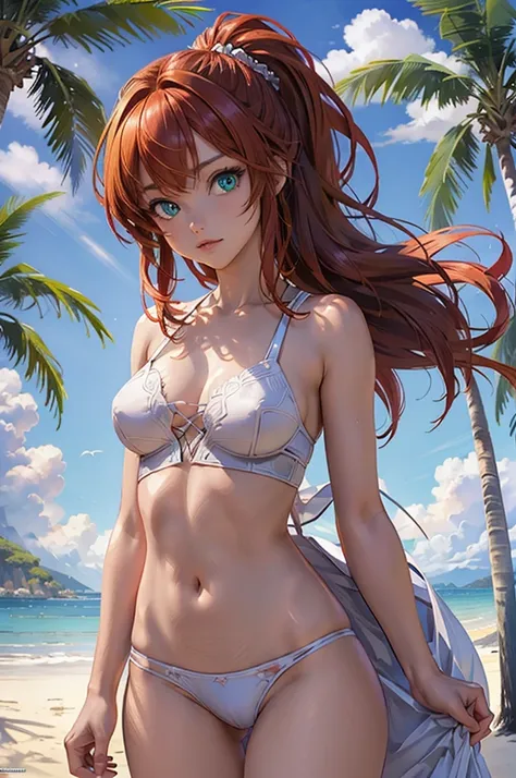 masterpiece, rich colors, Best quality, detailed, high resolution, Hyper quality, high detail, , high quality, detailing, skinny sexy girl on the beach , bright lighting , green eyes, Anime, palm trees, bright lighting, redhead,