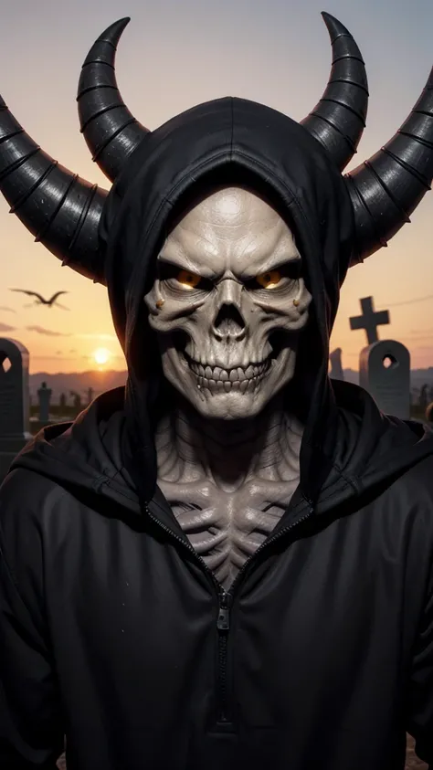 skeletor, skull head, corpo de skeletor, horn on head, No eyes, black cloack, skeletor, apavorante, The background is a cemetery, serious face with a bone cane 