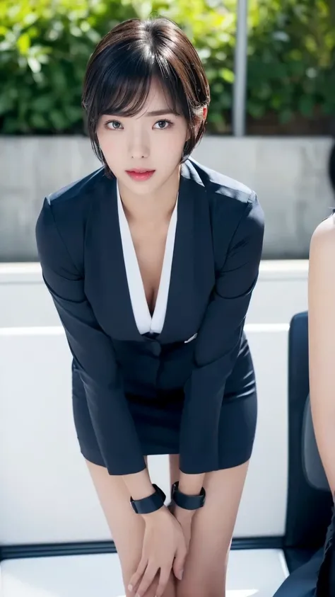 (((sexy crop dark blue flight attendant uniform with heels))) (((half body three girl foto))), detailed skin, ((asia white skin color)), detailed skin, big breasts, slim body, gigantic breasts, Slim Waist, 4K resolution,((pursed lips)) (((short hair BLACK ...