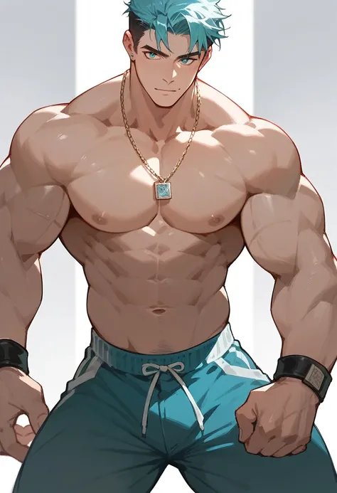 A handsome and muscular anime boy with a look of desire and possessiveness  