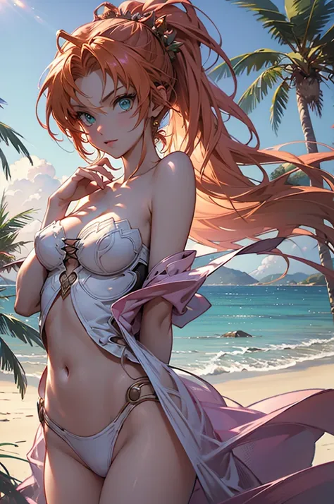 masterpiece, rich colors, Best quality, detailed, high resolution, Hyper quality, high detail, , high quality, detailing, skinny sexy girl on the beach , bright lighting , green eyes, Anime, palm trees, bright lighting, redhead,