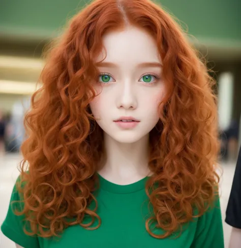 Pale redhead teen girl,curly hair with beautiful, loose curls, Natural red hair, soft and silky medium hair, big, intimidating green eyes, taking a close-up at the mall with a green shirt and full-length white jeans  