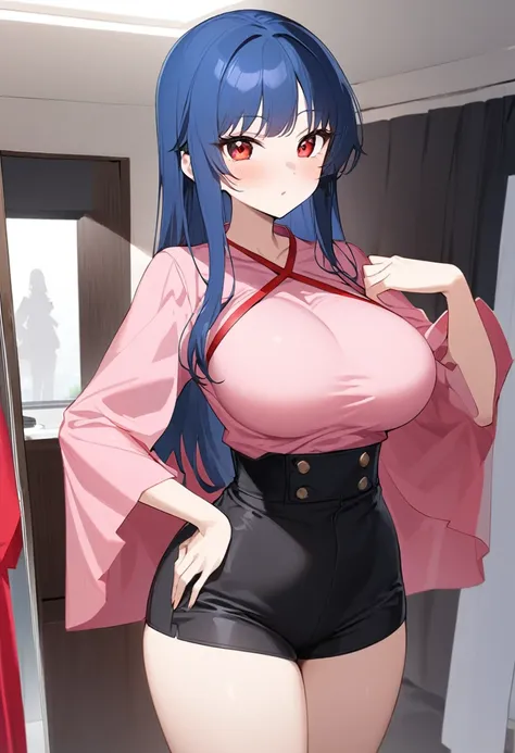 My name is Yukiko.I am a white test woman with long Sky blue hair,red eye color.I am 1.62 cm tall . My breasts measure 300 cm, my waist 40 cm and my hips 200 cm. Dressed in a tight low-cut pink blouse along with short black shorts  . With big breasts 300 c...