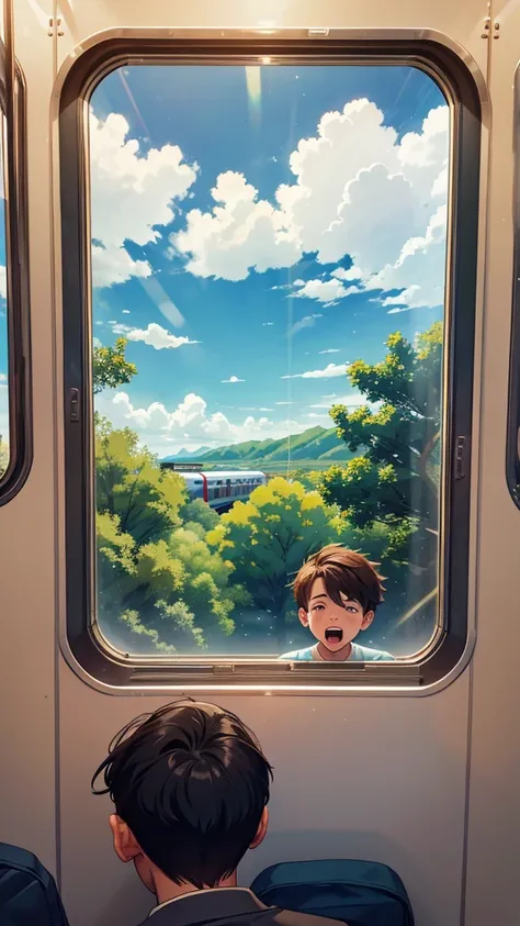 The boy inside the train looking out the window to the beautiful clouds and the trees, is screaming