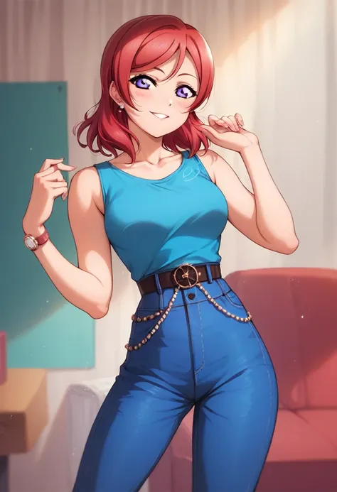 maki nishikino,love live,highres,red hair ,dolo, purple eyes,blush ,collarbone , blue checker shirt, sleeveless,high waist trous...