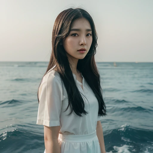 korean girl like a kpop member girl group, either way ive photoshoot concept, long black hair, soft and ballad style, sea background