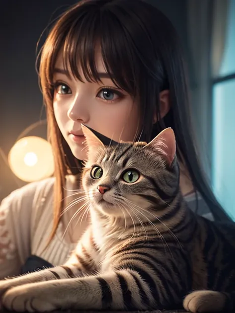 Cat and lady、sweet and gentle、Direct eye focus、portrait、Original、supernatural、another world、ultra detail、bright fur、magic lighting、trajectory、 light dust、Beautiful、Cinematic lighting、 Bokeh effect