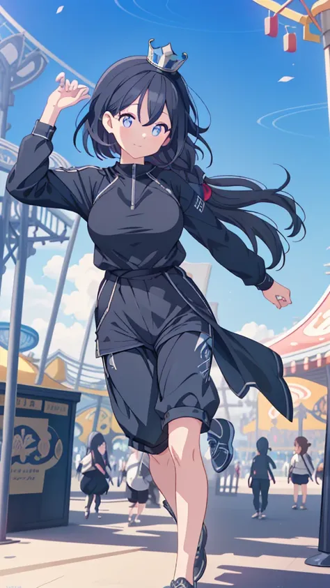 best quality, extremely detailed, anime style adult 1girl, long hair down to the waist, straight hair, ((dark black hair with bluish)),crown braid,beautiful detailed eyes, pinched eyes, dark blue eyes, huge breasts,curvy,(((Active clothing))),((((short tro...