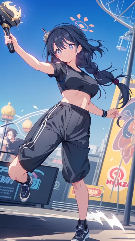 best quality, extremely detailed, anime style adult 1girl, long hair down to the waist, straight hair, ((dark black hair with bluish)),crown braid,beautiful detailed eyes, pinched eyes, dark blue eyes, huge breasts,curvy,(((Active clothing))),((((short tro...