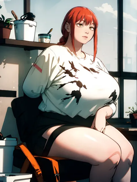 Le personnage Makima de la série animée Chainsaw Man, fragile, obésité morbide, ssbbw, pleine longueur (corps entier 1.1.), fond sombre, obscurité, anatomie correcte 1.1, anatomie correcte de la main, Très féminin, corps gras et rond, grosses Jambes, fesse...