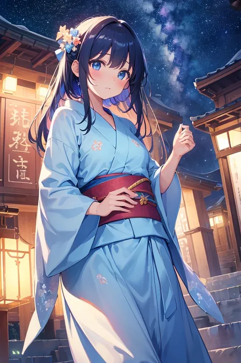 ((Highest quality)), High resolution, 8K, Cinematic Light, High Contrast、Night view with the Milky Way、Angle viewed from below、A girl wearing a light blue yukata、Praying Expressions、Slightly red cheeks、Tanabata