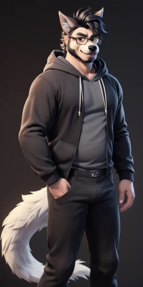 ((masterpiece, best quality:1.4)), bokeh, fluffy, 3d, animal hands, 
furry male, dad bod, glasses, solo, anthro, wolf boy, cowbo...