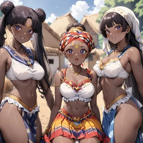 ((Highest quality)), ((masterpiece)), (detailed), （Perfect Face）、The woman is in a village in Ghana, together with other village girls, having fun having sex with the men in the village.、The woman is a Ghanaian born Tsukino Usagi with a vivid dark skin, bl...