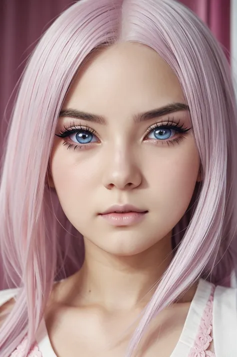 Teenage anime girl with white hair and eyelashes.
Beautiful big pastel pink eyes 