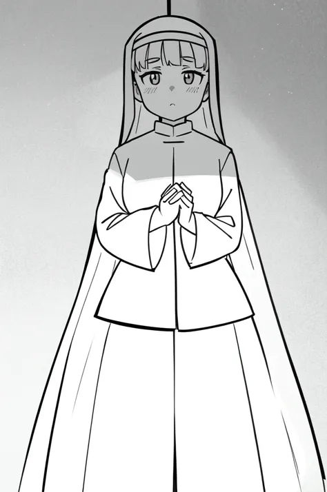 lineart, monochrome, a drawing of a nun with her hands folded in prayer, clean anime outlines, perfect lineart, clean lineart, extremely fine ink lineart, nun outfit, simple lineart, beautiful line art, anime style drawing, thick black lineart, black and w...