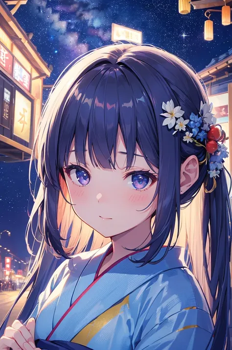 ((Highest quality)), High resolution, 8K, Cinematic Light, High Contrast、Night view with the Milky Way、Close up on her face and the night view、A girl wearing a light blue yukata、Praying Expressions、Slightly red cheeks、Tanabata