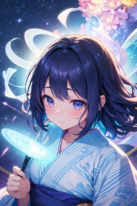 ((Highest quality)), High resolution, 8K, Cinematic Light, High Contrast、Night view with the Milky Way、Close up on her face and the night view、A girl wearing a light blue yukata、Praying Expressions、Slightly red cheeks、Tanabata