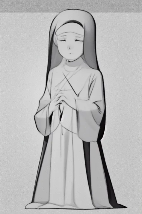 lineart, monochrome, a drawing of a nun with her hands folded in prayer, clean anime outlines, perfect lineart, clean lineart, extremely fine ink lineart, nun outfit, simple lineart, beautiful line art, anime style drawing, thick black lineart, black and w...