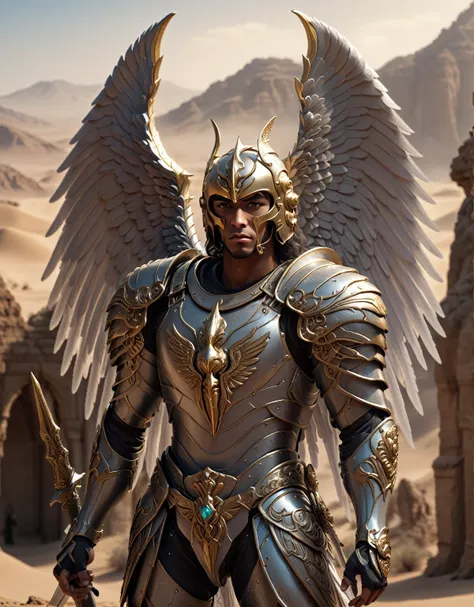 man with wings and sword, standing in the desert, winged human, archangel, wearing winged helmet, angle of armor with wing, rend...