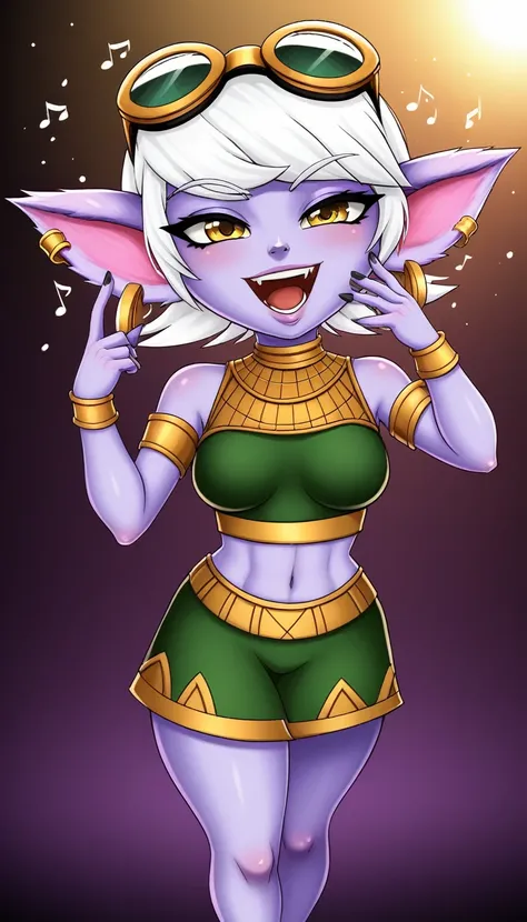 tristanalolxl, yordle, yellow eyes, pointy ears, by white, short hair, earrings, glasses on head, purple skin, colored skin. med...