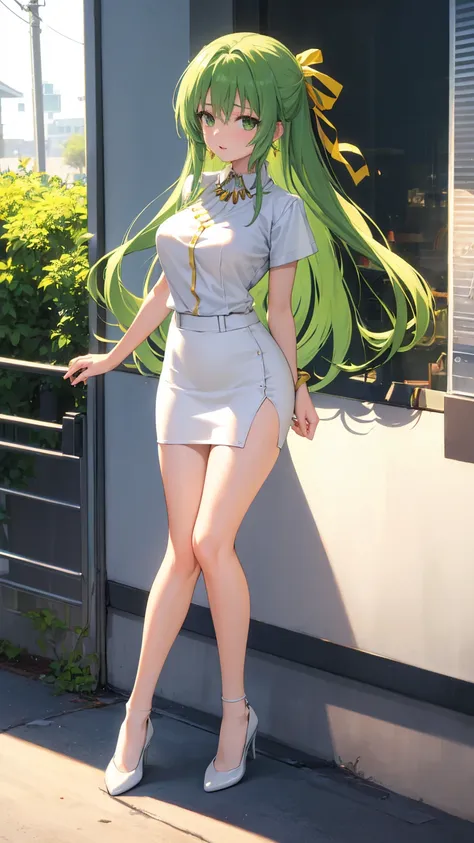 masterpiece, best quality, ultra-high-detailed,sonozaki shion, green hair, green eyes, long hair, yellow ribbon, white necklace,...