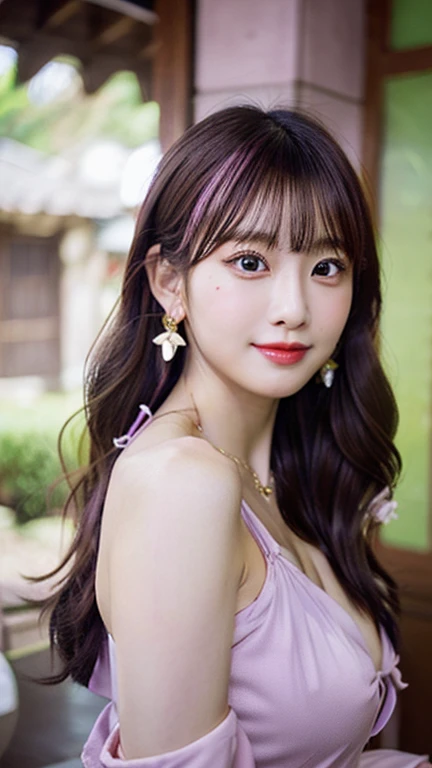 1 Girl, (Urzan-6500:0.7), K-Pop Idols, yae miko, Removed sleeve, Bare shoulders, Pink Hair, Long Hair,  Highest quality, Attractive clothes, (hair ornaments:1.35), jewelry, Purple eyes, Earrings, Big Breasts:1.1, ,  cherry blossoms,  Lantern Light, Depth o...