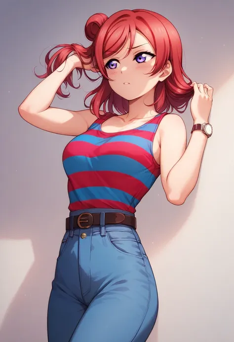 Maki nishikino,love live,highres,red hair ,dolo, purple eyes,blush ,collarbone , blue striped shirt, sleeveless,high waist trousers,thin belt,hand watch, fashion , looking away , hand on hair 